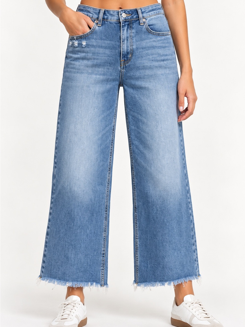 RISEN Jeans 13/31 High Rise Wide Leg Raw Hem Distressed Crop Denim